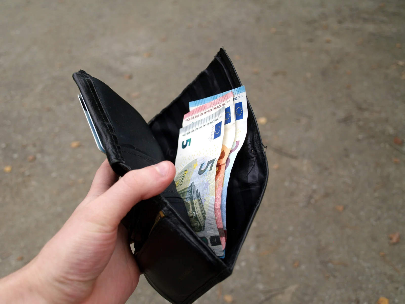 Eurobiljetten in een portemonnee die in de hand wordt gehouden
