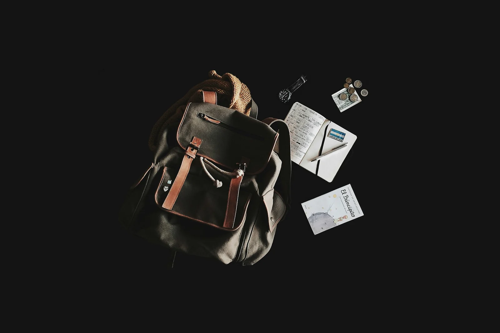 Piccolo zaino e accessori da viaggio disposti su uno sfondo scuro
